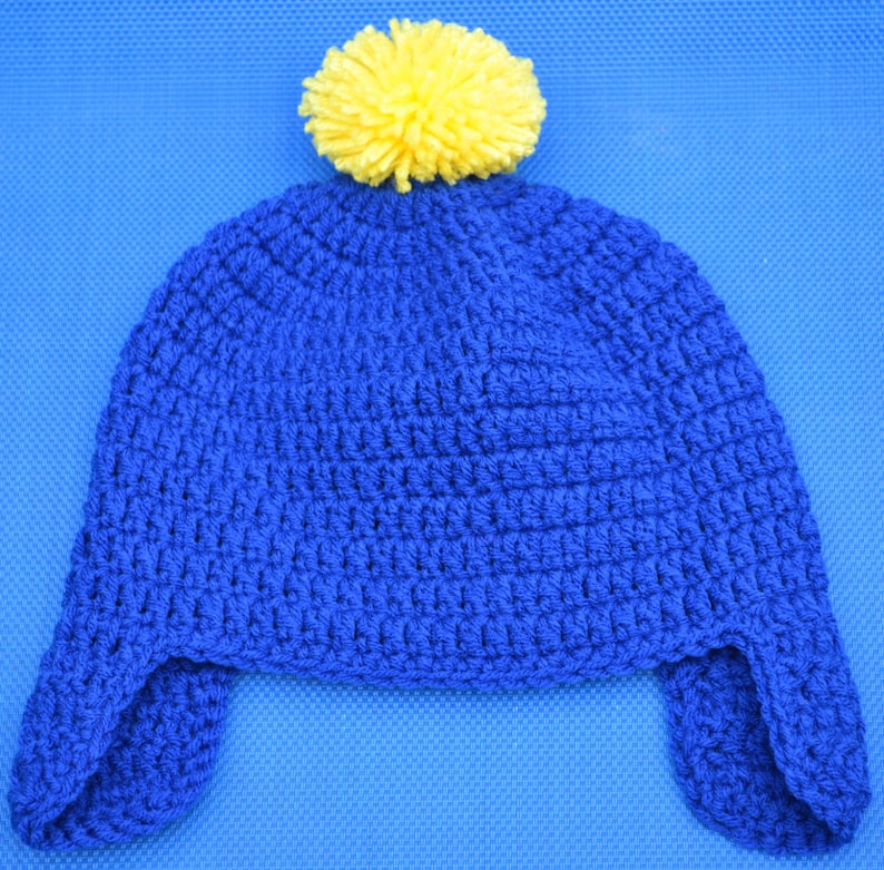 Crochet South Park Craig Tucker Blue With Yellow Pom Pom Crocheted Earflap Hat Perfect For A Craig Halloween Costume or Christmas gift Warm image 3