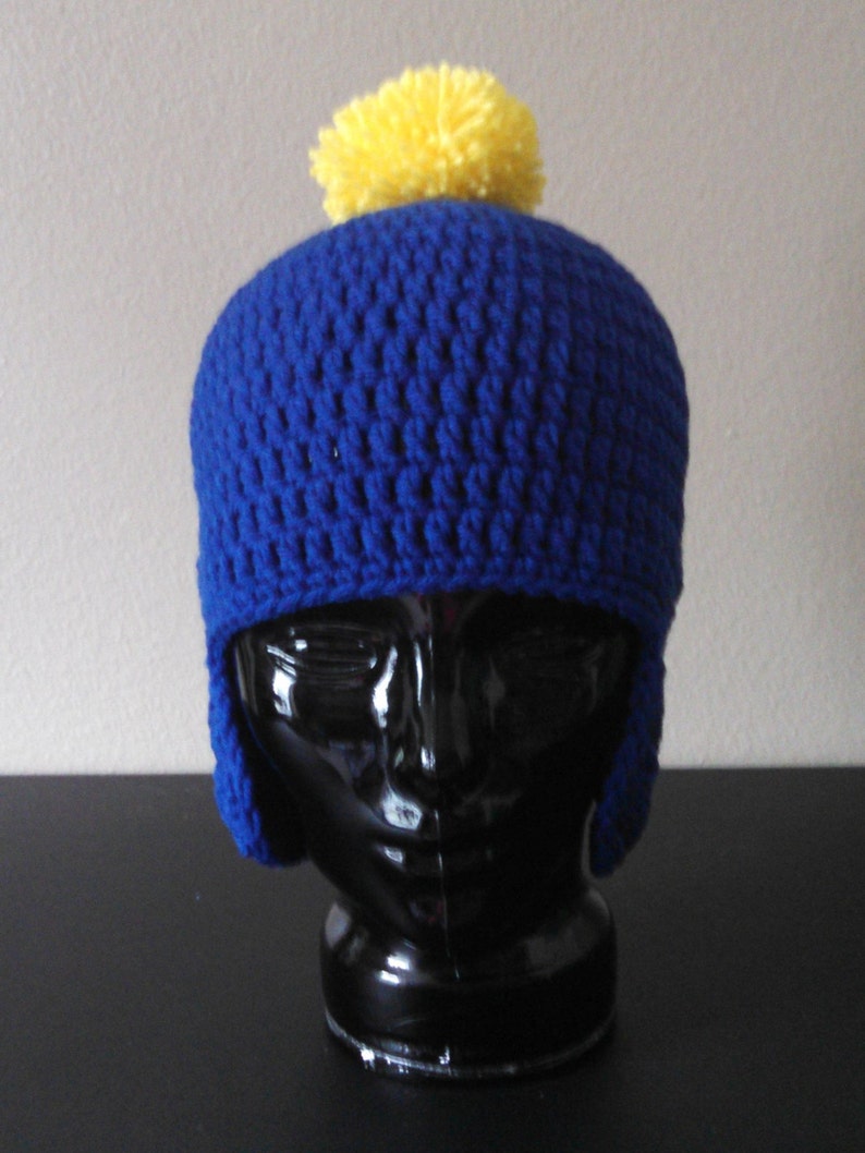 Crochet South Park Craig Tucker Blue With Yellow Pom Pom Crocheted Earflap Hat Perfect For A Craig Halloween Costume or Christmas gift Warm image 5