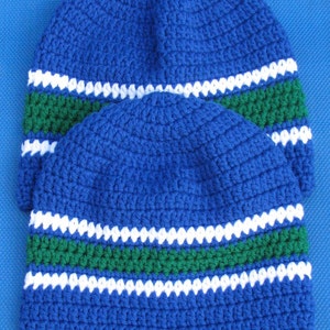 Canucks Colors Handmade Crocheted Skullcap Beanie Navy Green White Game Day Gear Warm Soft Comfy Head Gear image 5