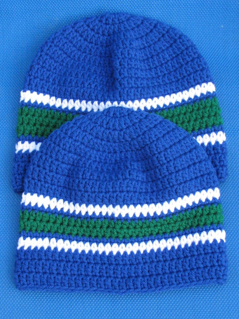 Canucks Colors Handmade Crocheted Skullcap Beanie Navy Green White Game Day Gear Warm Soft Comfy Head Gear image 5