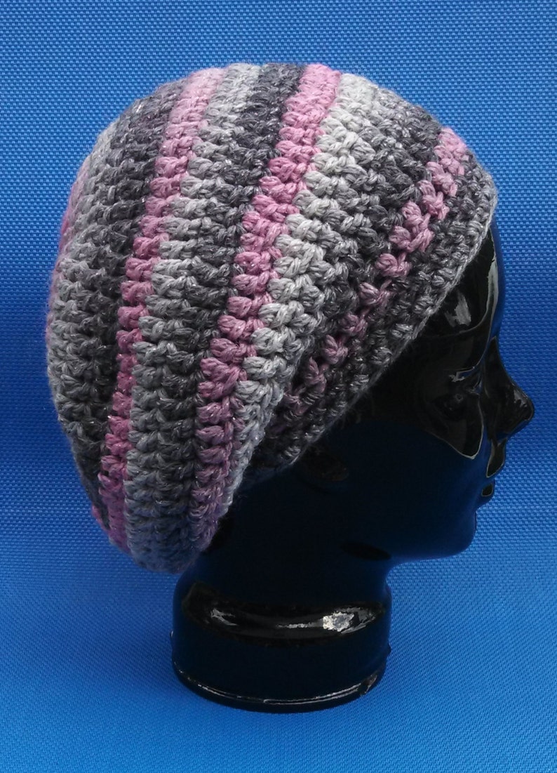 Slouchy Crochet Hat Pink and Grey/Gray Soft and Warm Ready To Ship Great for Chritmas and Winter Beret Tam Dreads image 2