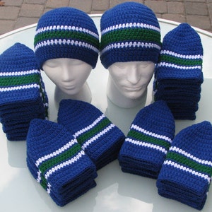 Canucks Colors Handmade Crocheted Skullcap Beanie Navy Green White Game Day Gear Warm Soft Comfy Head Gear image 1