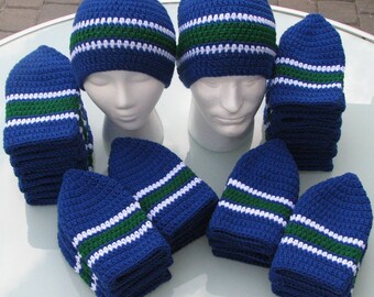 Canucks Colors Handmade Crocheted Skullcap Beanie Navy Green White Game Day Gear Warm Soft Comfy Head Gear
