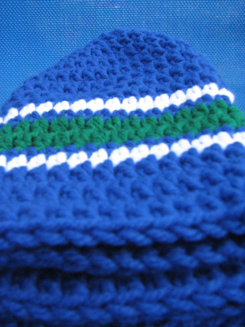 Canucks Colors Handmade Crocheted Skullcap Beanie Navy Green White Game Day Gear Warm Soft Comfy Head Gear image 3