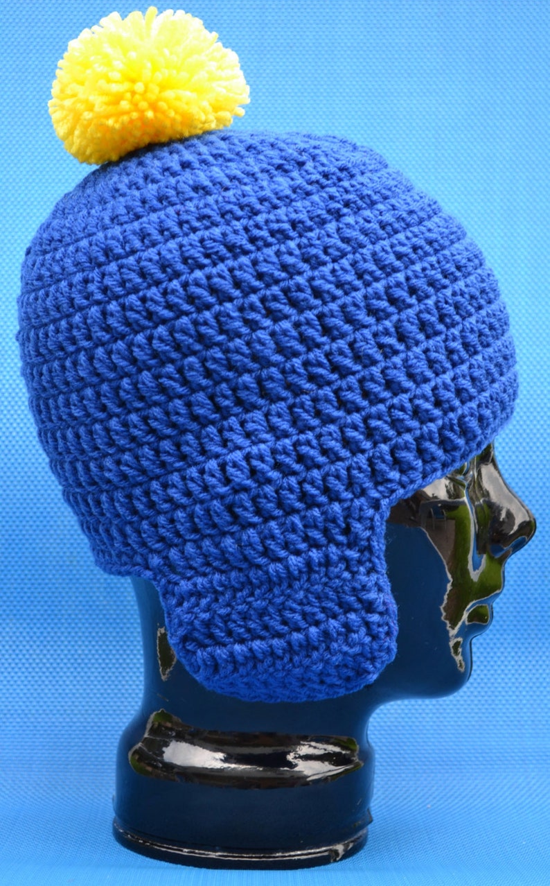 Crochet South Park Craig Tucker Blue With Yellow Pom Pom Crocheted Earflap Hat Perfect For A Craig Halloween Costume or Christmas gift Warm image 2