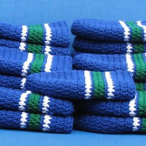 Canucks Colors Handmade Crocheted Skullcap Beanie Navy Green White Game Day Gear Warm Soft Comfy Head Gear image 4
