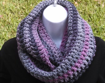 Hand Crocheted Pink/Gray Infinity Cowl Scarf Soft Warm Versatile Chunky Great for Winter Circle Scarf Trendy High Fashion