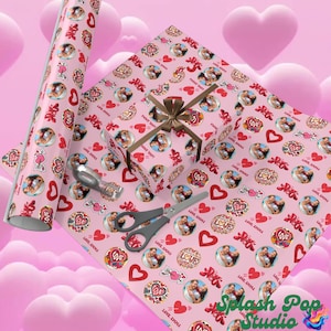 Customizable Valentine&#39;s Day Gift Wrap Papers | Personalized Wrapping Paper with Name and Photos | Pink Cupid, Hearts, and I Love You