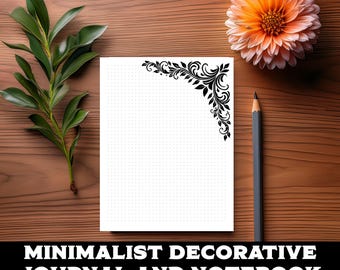Könnte beinhalten: Eine druckbare Journal- oder Notizbuchseite mit einem minimalistischen schwarzen floralen Design in der oberen rechten Ecke. Die Seite hat ein gepunktetes Rastermuster.