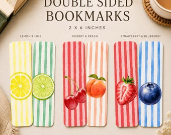 Aquarell Obst Lesezeichen Set doppelseitig | Erdbeere, Blaubeere, Kirsche, Pfirsich, Zitrone, Limette Designs