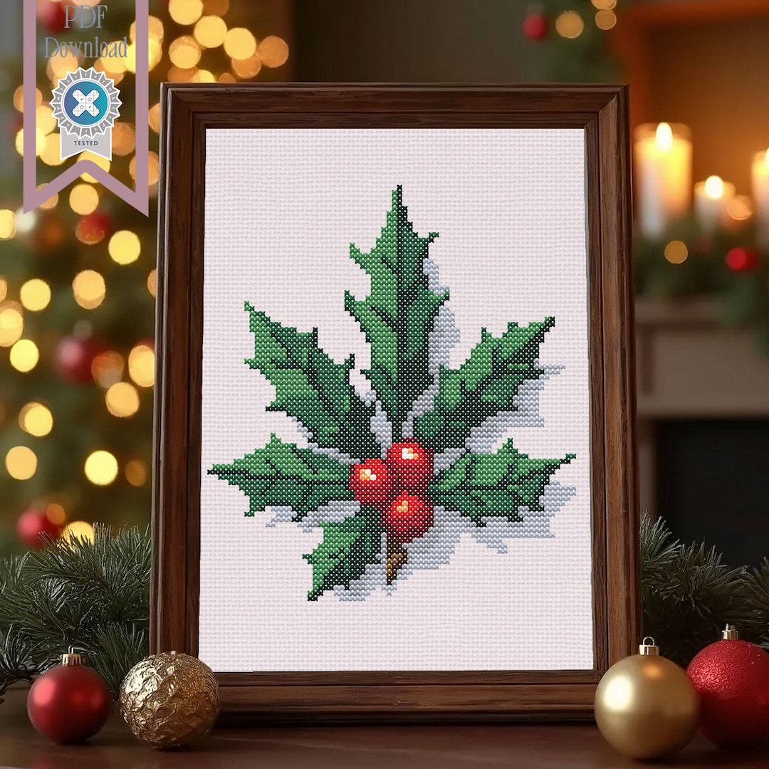 Holly Cross Stitch Pattern for Christmas Instant PDF Download Counted ...