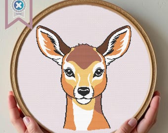 May include: A close-up of a brown and white deer head with large ears. The deer has a light brown nose and large, dark eyes. The background is a light pink.