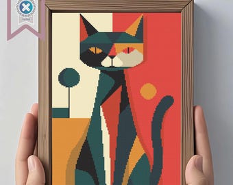 Schema punto croce gatto astratto: tessuto Aida, compatibile con Pattern Keeper (download PDF)
