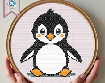 May include: A cross-stitch pattern of a cute cartoon penguin with black and white feathers, a yellow beak, and orange feet. The penguin is standing on a light blue background.