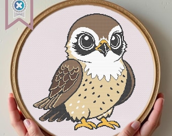 May include: A brown and white cartoon illustration of a small owl with large eyes. The owl is facing forward with its wings folded. The background is a light pink.