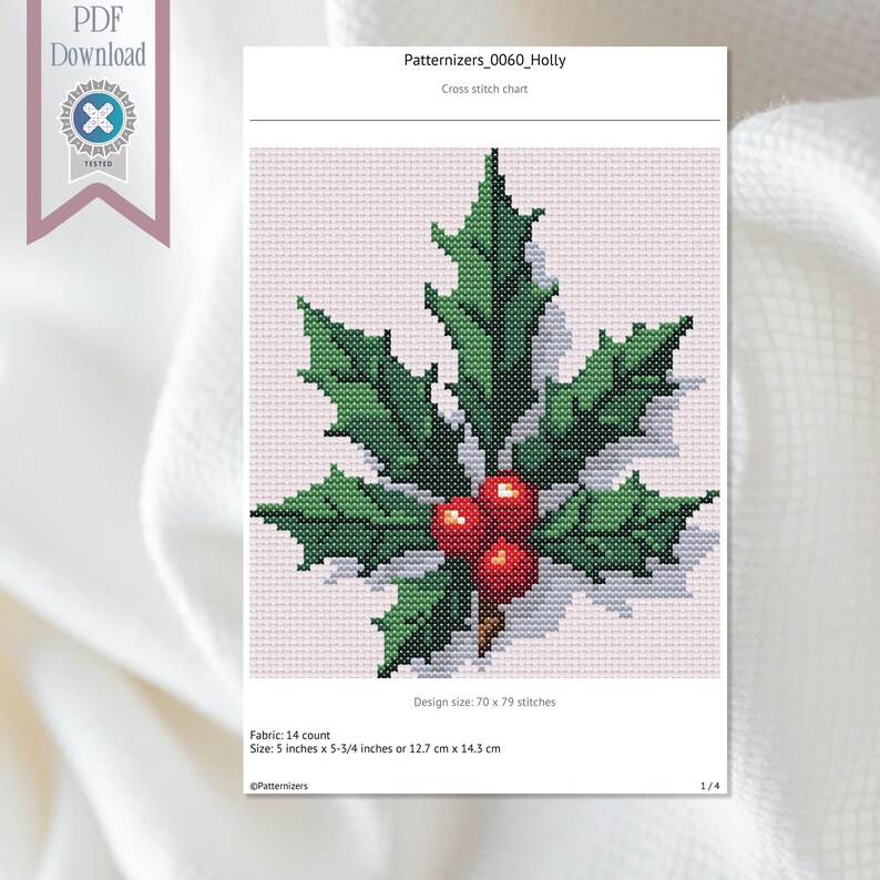 Holly Cross Stitch Pattern for Christmas Instant PDF Download Counted ...