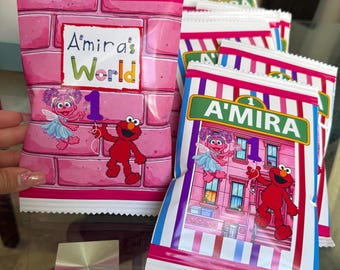 Elmo theme birthday chip bag wrappers, Sesame Street birthday party snacks treats, pink girl birthday Elmo abbey