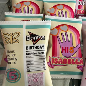 Hi 5 Birthday Chip Bag Wrappers, Fifth Birthday Party Snacks