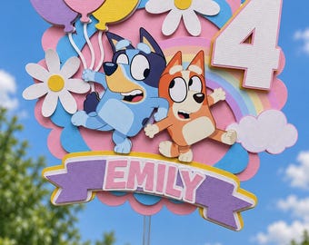 Bluey Birthday bundle, blue dog Cake Topper: Pink or Blue, bluey dog Party Decorations , bluey pins badges