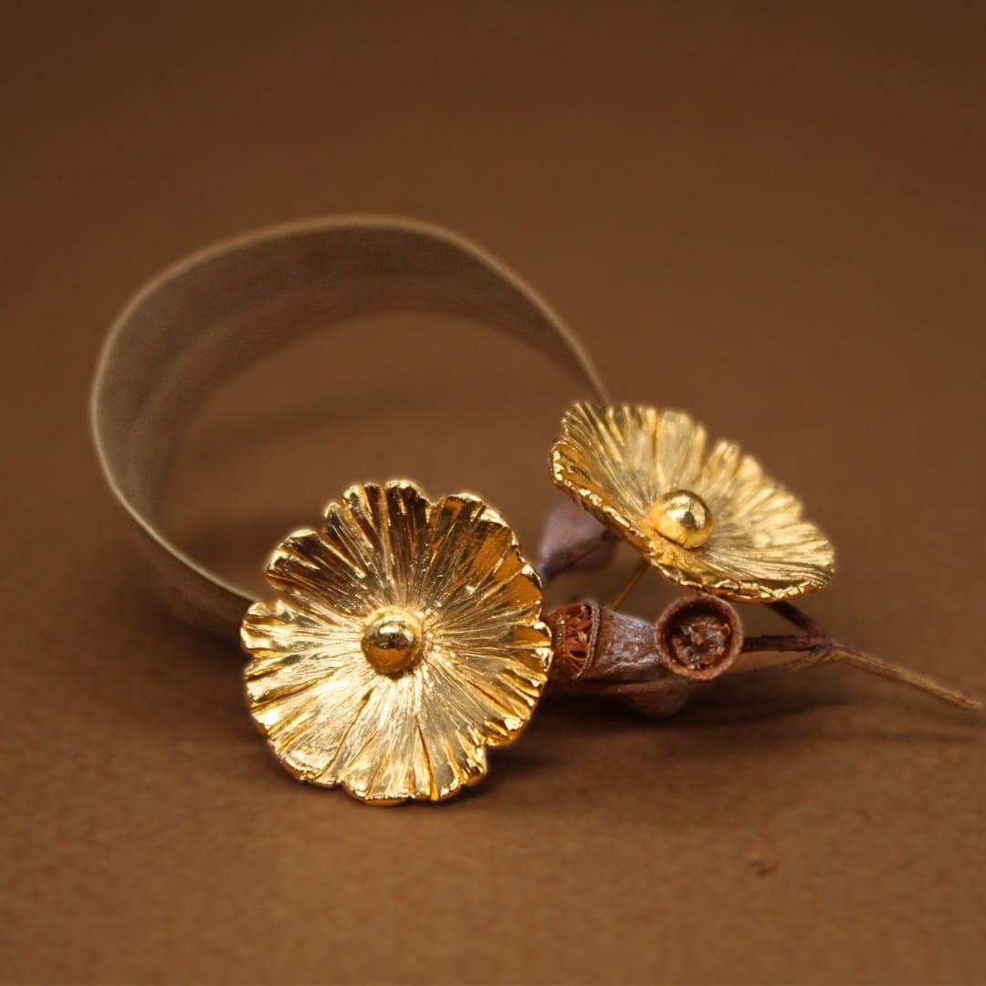 Boucles D'oreilles Longues Clous - Or Jaune & Jade Sculpté Orange Floral - Sans Emballage