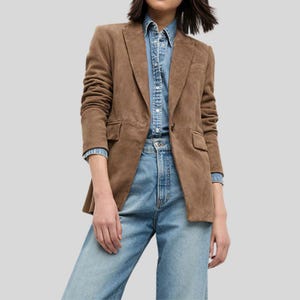 Womens Brown Suede Blazer – Single Breasted Tailored Jacket with Notch Lapels , Women Formal Suede Office Coat , Gift For Her