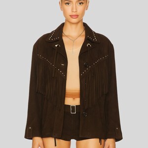 Dark Brown Fringe Jacket for Women – Western Studded Suede Coat , boho fringe jacket , fringe cowgirl outerwear , vintage western jacket