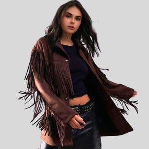 Dark Brown Fringe Suede Jacket for Women – Western Cowgirl Style Streetwear & Outerwear , Boho Fringe Suede Jacket , Chocolate Suede Jacket