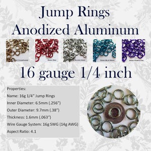 Jump Rings 16g 1/4" (SWG) Anodized Aluminum (ID-6.5mm) - choose color and quantity