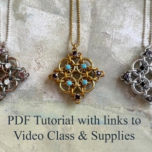May include: Three silver chain necklaces with square pendants featuring intricate woven wire designs and colourful gemstones. The pendants are adorned with pink, turquoise, and black gemstones.  PDF Tutorial with links to Video Class & Supplies.