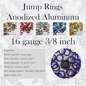 May include: Anodized aluminum jump rings in 16 gauge 3/8 inch size. Colors include champagne, red, silver frost, royal blue, yellow, and purple. Text lists properties: 10mm inner diameter, 13.2mm outer diameter, 1.6mm thickness, 16g SWG wire gauge, and 6.3 aspect ratio.