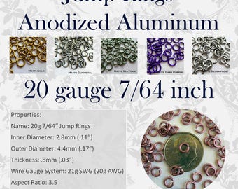 20g 7/64" (AWG) Jump Rings MATTE Anodized Aluminum Saw Cut ID: 2.8mm - choose color and quantity