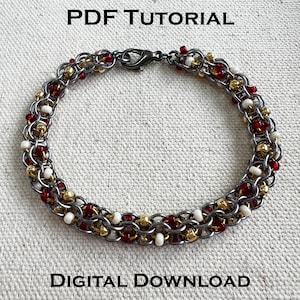 May include: A silver chain bracelet with red and white beads, a gold clasp, and the text "PDF TUTORIAL" and "DIGITAL DOWNLOAD".