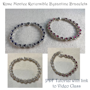 Pode incluir: Três pulseiras de corrente bizantina prateadas com contas de diferentes cores. As pulseiras são reversíveis, com um lado com contas prateadas e o outro com contas coloridas. As cores são azul, vermelho e transparente. A imagem inclui o texto "PDF Tutorial with link to Video Class".
