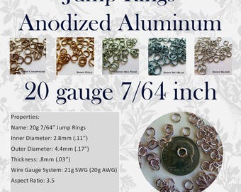 20g 7/64" (AWG) Jump Rings SHINY Anodized Aluminum Saw Cut ID: 2.8mm - choose color and quantity