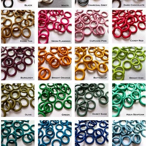 May include: Assortment of 15mm EPDM rubber O-rings in various colors, including black, white, charcoal grey, dark chocolate, khaki tan, neon flamingo, cupcake pink, candy red, burgundy, bright orange, buttercup, bright kiwi, olive, green, dusky sage, aqua seafoam, teal, blue wave, celestial blue, powder blue, navy, indigo blueberry, purple-licious, and amethyst wine.