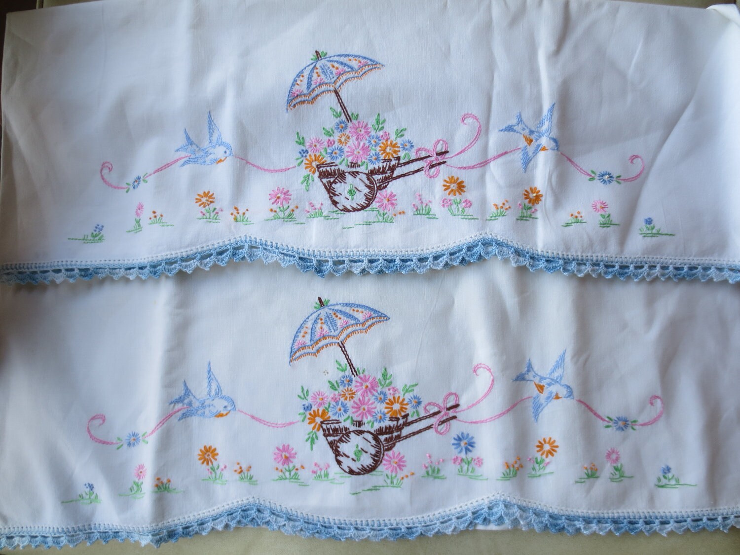 Vintage Pair Embroidered Pillowcases /bluebirds / flowers / Etsy