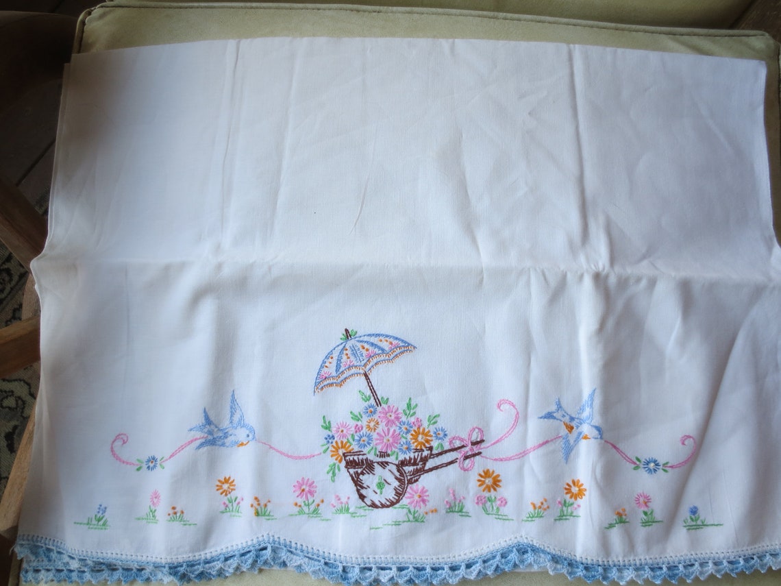 Vintage Pair Embroidered Pillowcases /bluebirds / flowers / Etsy