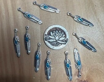 10 Silver color Feather Charms with turquoise color drop