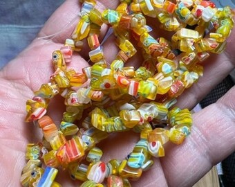 Millefiori Glass Multi-Colored Chip Beads. Yellow with orange white blue  #4