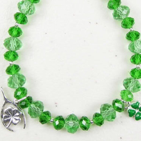 Sparkling Green Faceted Crystal Sterling Silver Bracelet with 2 Shamrock Charms