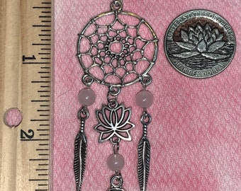 Double Sale - Dream Catcher Pendant with Lotus Flower, Rose Quartz and Silver Feathers