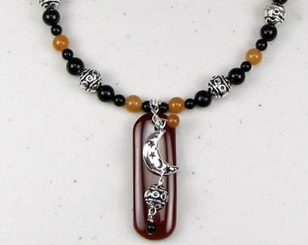 Rainbow Obsidian, Orange Aventurine and a Carnelian Pendant with a Crescent Moon Necklace