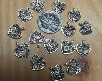 15 Silver color Filigree Heart Charms