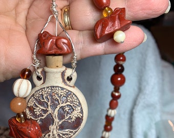 Red Jasper Frogs, Magnesite, Tree of Life Clay Vessel  Pendant  Necklace, One of a Kind, whimsical