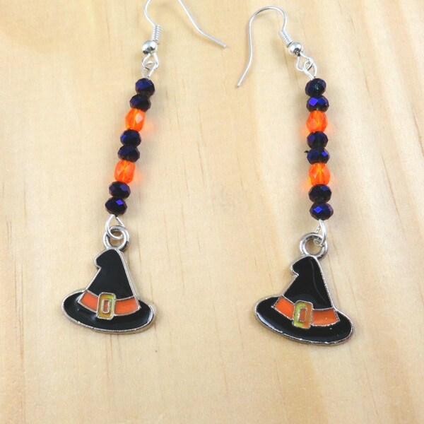 Witch Hat Earrings Purplish Black and Orange Beads