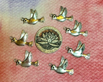 7 Shiny Silver Birds Doves Charms