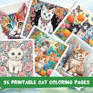 Könnte beinhalten: Ein Set mit 35 druckbaren Katzen-Malvorlagen mit verschiedenen Katzenrassen und Posen. Die Seiten sind mit filigranen Details und Blumenmustern gestaltet, perfekt für Erwachsene und Kinder, die gerne ausmalen.
