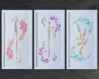 Kpop Hunters Weapons Embroidery Art | Rumi Sain-geom Sword | Zoey Shin-kal Blades | Mira Gok-Do with Decorative Korean Flowers