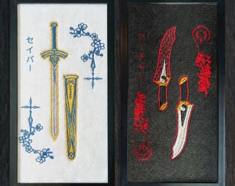 Fate Anime Embroidery | Saber Excalibur Sword & Archer Blades, Japanese-Inspired Art