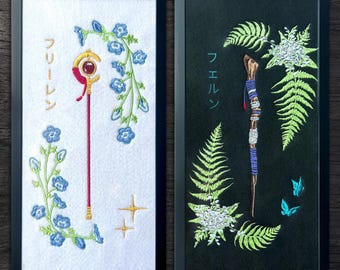 Frieren Anime Embroidery Wall Art: Mage Staff & Flowers